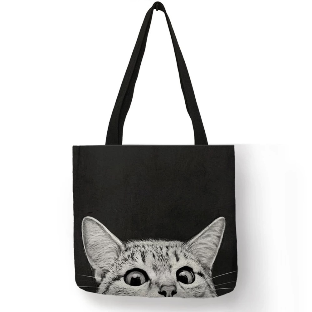 Eco-Friendly Gray Tabby Cat on a Black Folding Tote Bag - Picture 1 of 16